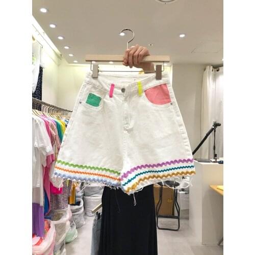 Colorblock Denim Shorts Lady High Waist Loose Wide Leg Short Pant Women Jean Shorts