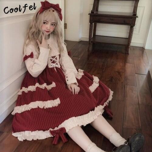 Japanese Retro Cosplay Lolita Dress Patchwork Bow Kawaii Layered Ruffles Dress Women Party Dresses
