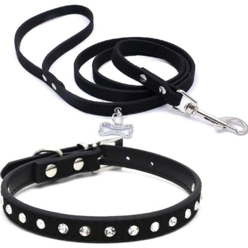 Rhinestone Pet Collar Leash For Small Dogs Adjustable Suede Leather Puppy Cat Walking Leads Outdoor Necklace Leashes Set