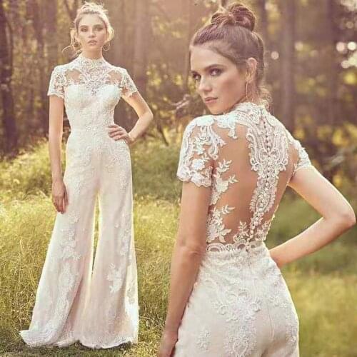 Jumpsuit Bridal Gowns High Neck Short Sleeves A-line Wedding Dresses Lace Pant Suit Boho 2021 Elegant Beach Vestido De Noiva
