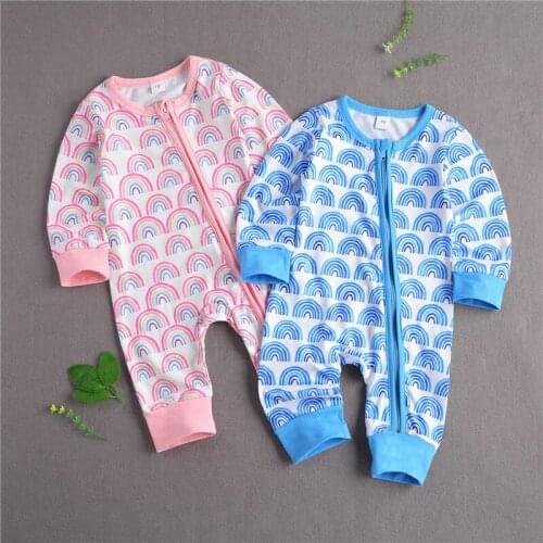 0-24M Newborn Babys Rainbow Rompers Bodysuit Boys Girls Long Sleeve Round Neck Long Oblique Zipper Long Trousers for Autumn