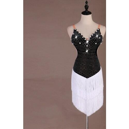 Custom Made Latin Dance Competition Performance Suit Sleeveless Tassel Dance Dress black white Rhinestone V-neck dress