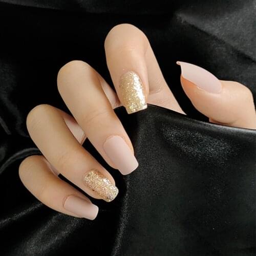 24pcs/Set Middle Long Matte Fake Nails Square Head Nude Gold Glitter False Fails with Glue Nail Decoration Full Nail Art Tips