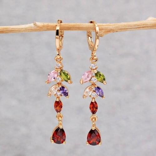 Trendy Gold Dangle Water Drop Leaf Earrings Cubic Zirconia Stone For Women Girls Eardrop Fashion Jewelry Accessories Wedding