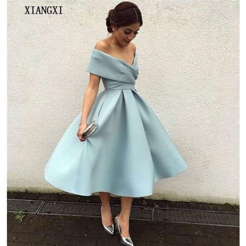 Sky Blue Homecoming Dress 2020 Satin A-Line Off The Shoulder Knee Length Graduation Dresses Short Party Gowns Homecoming Dress