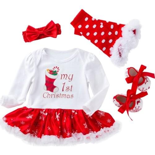 New 4PCS Xmas Newborn Infant Bodysuit Cute Set Comfortable Soft Baby Girls Clothes Playsuit Pants Bodysuit Outfit Set