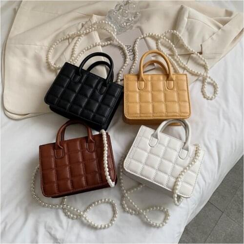 Solid Lattice Handbag Girls Pearl Handle Chains Shoulder Bag Patent Leather Crossbody Bag Embroidery Thread Princess Bags