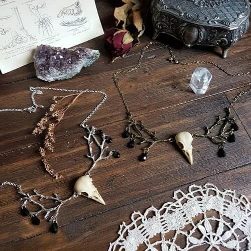 Gothic Resin Crow Raven Skull Necklace Witch Jewelry Goth Bird Pendant Wiccan Pagan Branches Twig Necklace