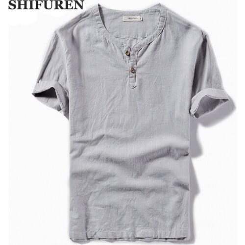 SHIFUREN Mens Casual Linen Cotton Shirts Short Sleeve Hot Summer Breathable Male Dress Shirts Solid Color Loose Fit Size M-4XL