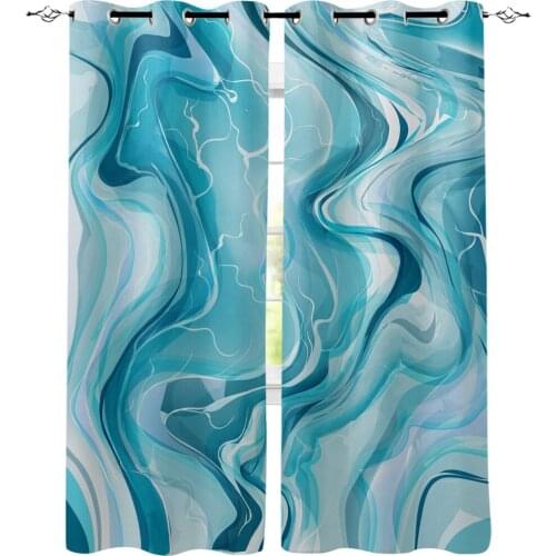 Blue Abstract Marble Texture Window Curtains LivingRoom Kitchen Curtains Left and Right Biparting Open