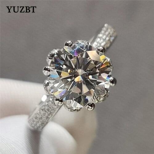 YUZBT Women 925 Silver 2 Carat Gemstone Excellent Cut Diamond Test Past D Color Moissanite Queen Blossom Ring Wedding Jewelry