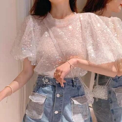 Women 2021 Summer Fashion Blouse Top Fashion Sequin O Neck Puff Short Sleeve Casual Shirts Ladies Loose Club Party Blusa Top Z72