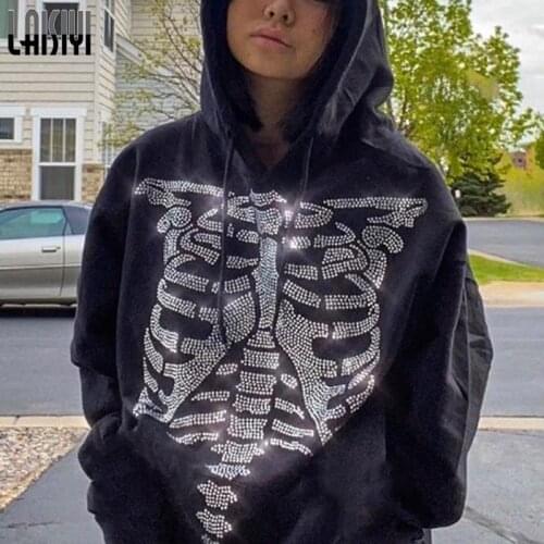 Hooded Hoodie Goth Black Oversized Hoodies Women Skulls Diamond Anime Y2K Pullovers E Girl Long Sleeve Casual Autumn Sweatshirts