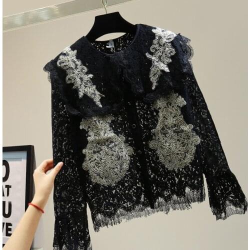 Women Lace Shirts and Blouses Hollow Embroidered Black Lace Shirt 2020 Loose Tassel LongSleeve Doll Collar Shirt High Quality