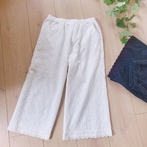 Womens Cotton and Linen Loose Trousers Embroidery Flowers Lace Elastic Waist Comfortable Wide-Leg Pants