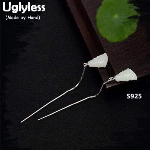 Uglyless Real 925 Sterling Silver Nature Jade Flower Dangle Earrings for Women Handmade Engraved Brincos Bijoux Ear Line Jewelry