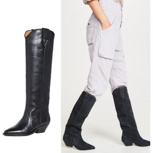 Black Khaki Purple Army Green Genuine Leather Suede Woman 4 cm Square Heels Pointed Toe Knee High Slip On Long Knight Boots Lady