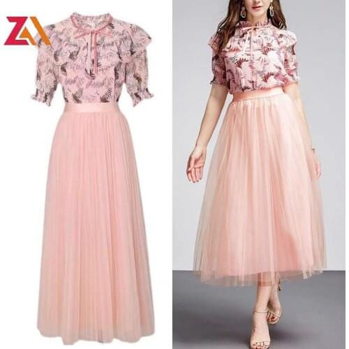 Summer Elegant Pink Blouses And Mesh Skirts Sets Floral Printed Ruffles Short Sleeve Ruched Tops Korean Chic Two Piece Set Suit