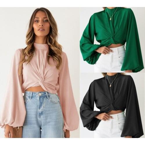 Autumn T-Shirts Women Long Lantern Sleeve Solid Color Sexy Crop Top Spring Casual Female Blouse Hot Ins Fashion Streetwear C2746