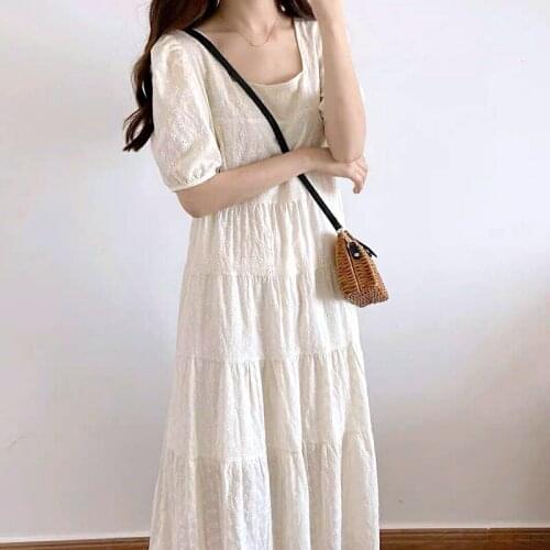Woman Dress White Casual Short Sleeve Hook Flower Hollow Clothing France Style Chic High Waist Fashion Dresses Mid-Calf