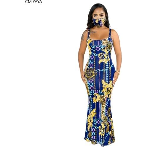 CM.YAYA Women Chain Print Vintage Sleeveless Tank Maxi Mermaid Dress Sexy Party Long Bodycon Midi Dresses