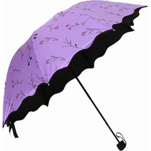 Ins Cute Chillren Sunny And Riany 3 Floding Blackcoating Blue Pink Flower Umbrella