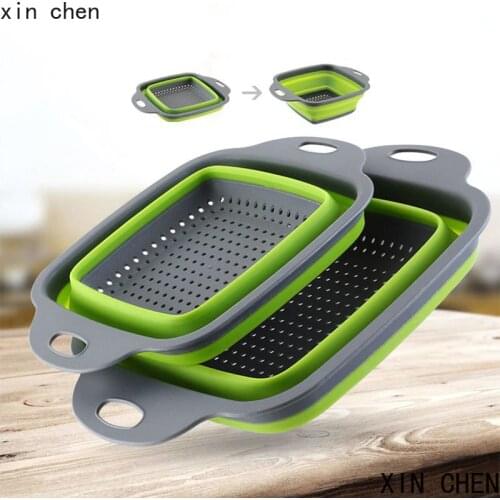 2pcs/set Collapsible Colander Fruit Vegetable Washing Drainer Foldable Silicone Strainer Square Shape Basket Kitchen Organizers