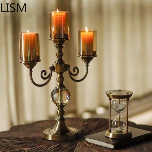 American Classical Retro Candle Holder Metal Glass 3 Arm Candlestick Living Room Dining Table Decoration Candle Stand Home Decor