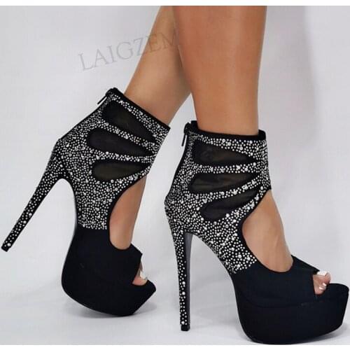 BERZIMER SUPER Women Platform Pumps Peep Toe High Heels Faux Suede Zip Up Studded Sandals Female Shoes Woman Big Size 40 44 47