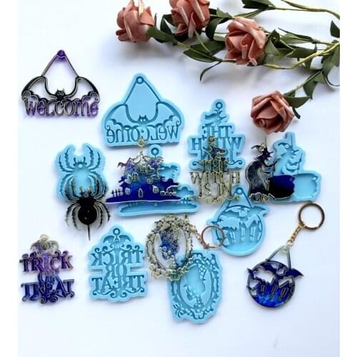 Shiny Halloween Witch Spider Keychain Mold Silicone Epoxy Resin Mold DIY Pendant Jewellery Making Keychain Decoration