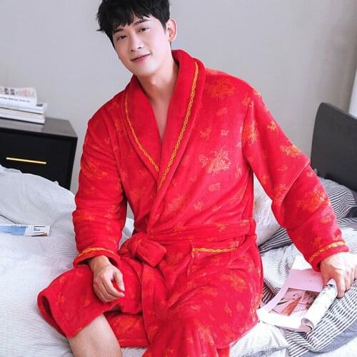 H5956 Men Flannel Robes Autumn Winter Long Sleeve Home Clothes Coral Velvet Warm Thickened Sleepwear Male Comfortable Nightwear