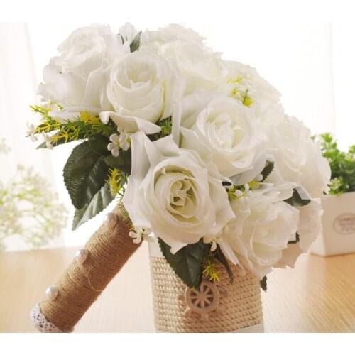 HONGFUYU Beautiful White Bridal Bridesmaid Flower Wedding Accessories Bouquet Artificial Flower Rose Bouquet Bridal Bouquets