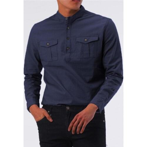 Classic Comfy Long Sleeve Business Shirt Stand Collar Men Two Pockets Buttons Slim Male Shirt Pullover Top Casual Daily Life