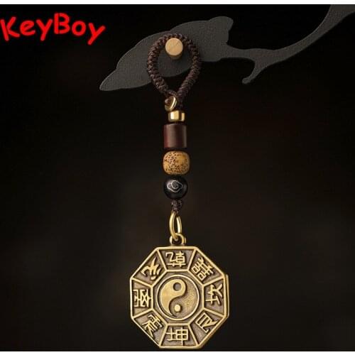 Brass Taoism Gossip Round Card Keychains Handmade Rope Pendants Vintage Metal Lucky Feng Shui Lanyard Men Car Key Rings Jewelry