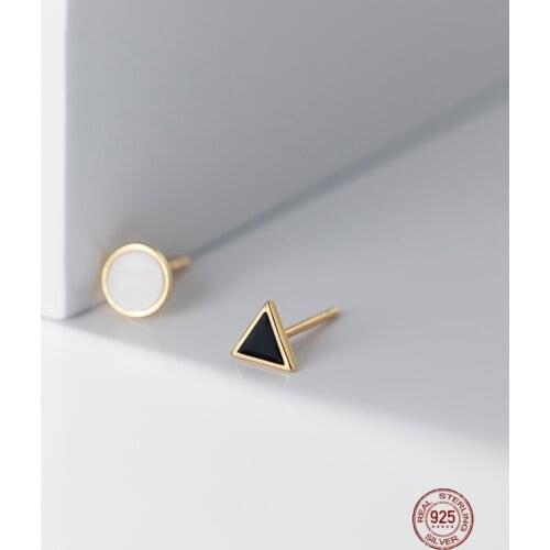 LKO Fashion Simple Geometric White Round Black Colour Triangle Enamel Stud Earrings for Women Classic Small Jewelry Accessories