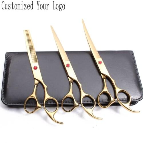 7" JP Customize Logo Gold Grooming Scissors Cutting Scissors Thinning Shears Dog Curved Scissors Professional Pets Shears C3003