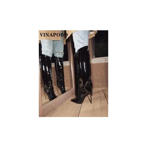 Fashion European Thin High Heel Zipper Knee High boots Shiny Patent Leather Mirror Stylish Champagne Purple Green Runway Boots
