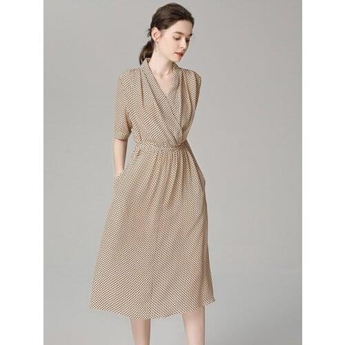 Silk Printed Dress 2021 Summer New Mulberry Silk Lace-up Tight Waist V-neck Half Sleeve a Dress