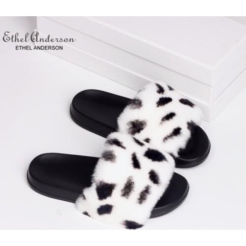 Ethel Anderson Women Real Rex Rabbit Fur Slippers Comfortable Indoor/Outdoor Slides Wholesale Plus Size