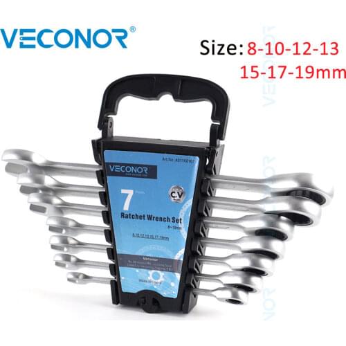 7Pcs Ratchet Wrench Key Set Combination Ratcheting Spanner 8-19mm Dull Polish Fixed Head 72T Spanner Tool with Rack Packed