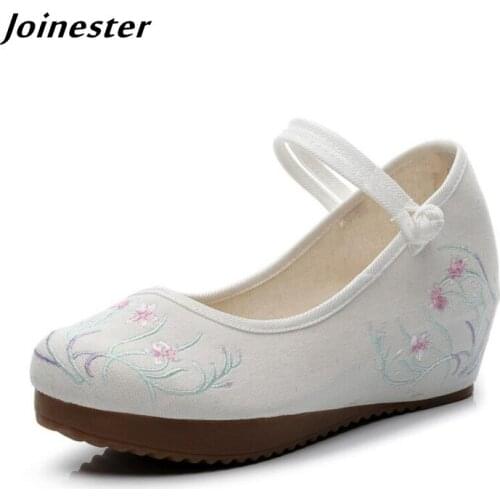 Ankle Strap Women Wedge Pumps Ethnic Embroidered High Heels for Ladies Vintage Summer Dress Shoes Cotton Fabric Dance Shoe