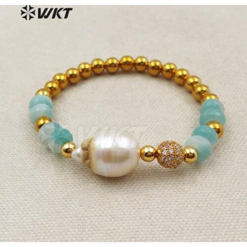 MB096 WKT New design 6mm round gold natural stone beads bracelet with baroque pearl women flexiable pearl beads bracelet