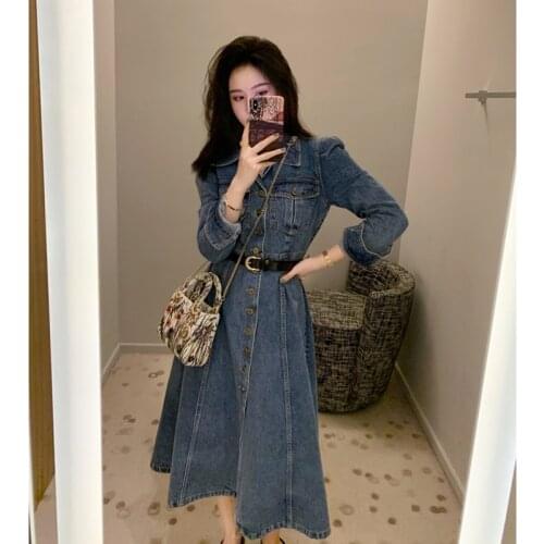 French temperament denim dress Female 2021 autumn and winter new style retro lapel mid-length A-line denim dress casual Dress