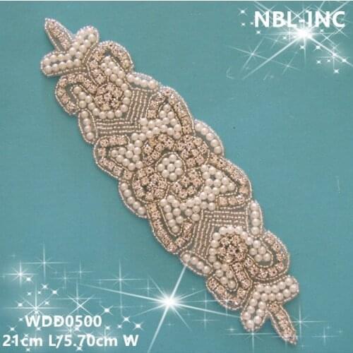30PCS)Wholesale hand beaded sewing bridal silver rhinestone pearl applique patch iron on for wedding dresses DIY sash WDD0500
