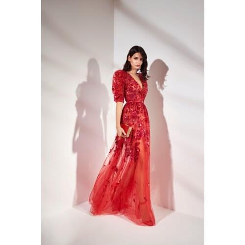 Glitter Red Prom Dress V Neck Lace Appliqued Short Sleeve Beaded Black Girl African Formal Evening Gowns