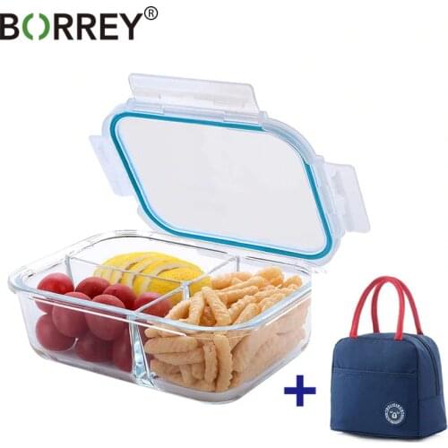 BORREY Lunch Box Glass Microwave Rectangle Glass Lunch Box With Thermal Bag Compartment Food Container Storage Food Bento Box