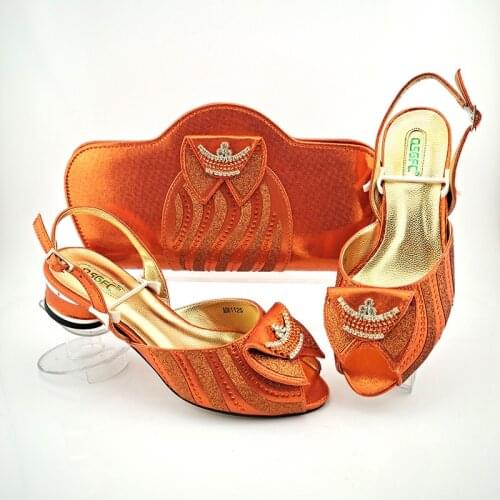 Doershow fashion Shoes and Bag Set African Sets orange Color Italian Shoe Bag Set Decorated with Rhinestone High Quality SFG1-18
