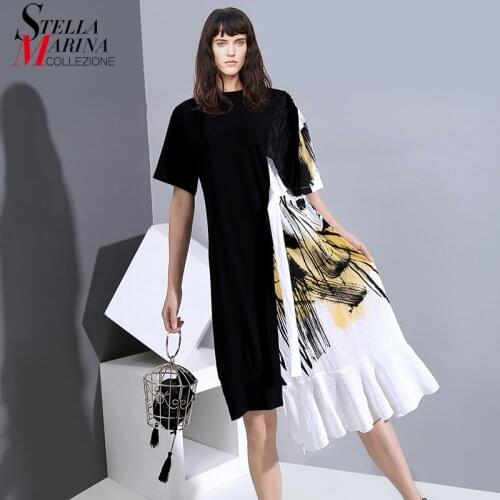 Hit Color Design Woman Party Stylish Summer Black Patchwork Dress & Sashes One Size Printed Midi Girls Casual Dresses Robe 6221