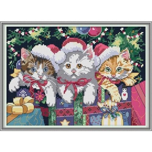 Joy Sunday Christmas cat patterns Handmade Cross stitch kit DMC 14CT Cross stitch Embroidery Christmas home decoration send gift