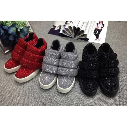 Bling Bling Crystal Hook & Loop Flat Sneakers Black Pink Gray Red Suede Tennis Shoes Fashion Comfortable Rhinestone Ankle Boot